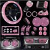 27PCS Bling Car Accessories Set for Women, 15 Inch Reinestone Crystal Steering Wheel Covers License Plate Frame USB Charger Phone Holder Coasters, Vehicle Decorations, Universal Fit（Pink）