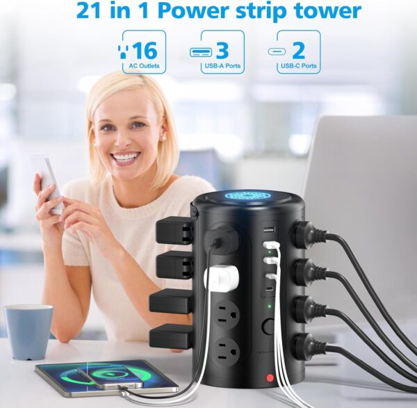 Tower Power Strip Surge Protector with 16 Outlets and 5 USB Ports (2 USB-C), 6FT Extension Cord with Multiple Outlets,Heavy Duty Charging Station,Home Office Dorm Room Essentials. No Wireless Charging