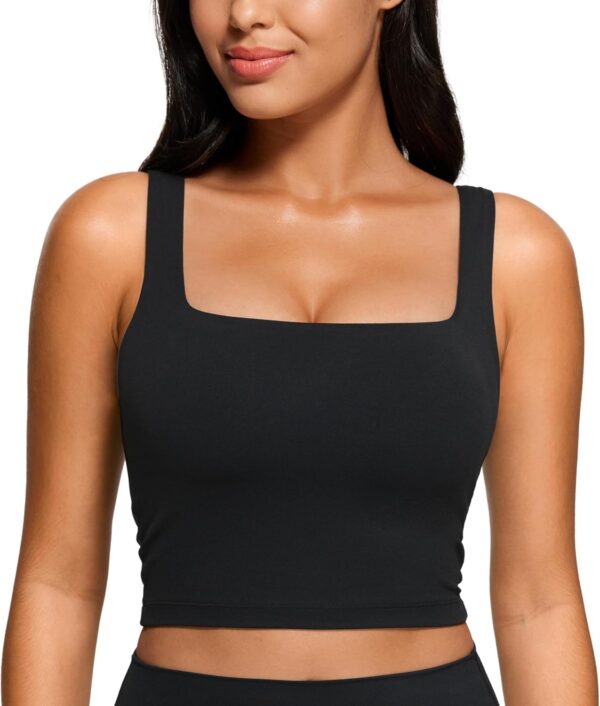 CRZ YOGA Butterluxe Womens Square Neck Longline Sports Bra - Workout Crop Tank Tops Padded Yoga Camisole with Built in Pads