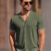 COOFANDY Men's Short Sleeve Knit Shirt Casual Button Down Shirt Vintage Striped Knitted Golf Beach Tops