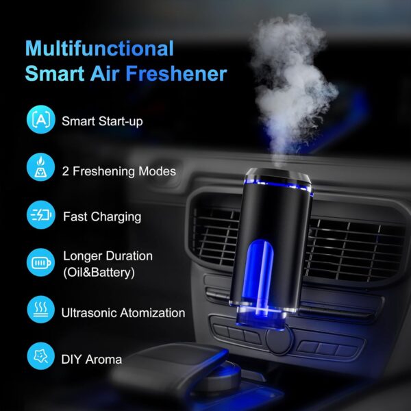 Smart Car Air Freshener with 3 Essential Oils, Car Fresheners Long Lasting, Rechargeable Car Aroma Diffuser and DIY Perfume Choose, Smart Auto On/Off(Black)