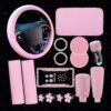 15 Pcs Pink Bling Car Accessories Set Valentine's Day Gift Leather Steering Wheel Cover Seatbelt Cover Car Ring Sticker Center Console Pad USB Port Flower Air Vent Clip