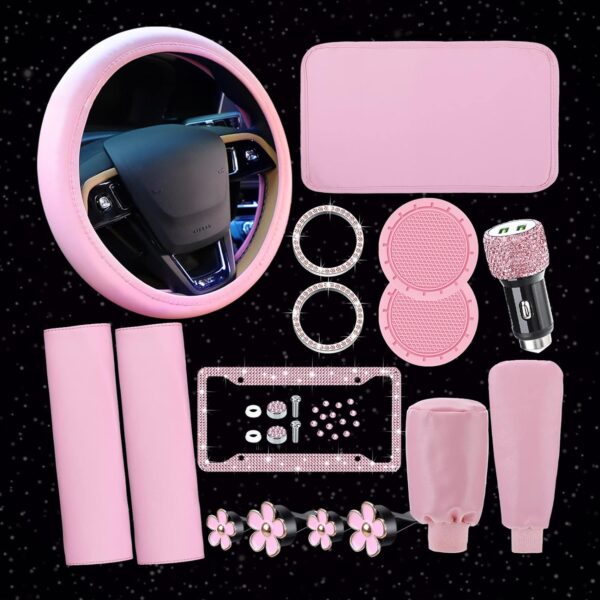 15 Pcs Pink Bling Car Accessories Set Valentine's Day Gift Leather Steering Wheel Cover Seatbelt Cover Car Ring Sticker Center Console Pad USB Port Flower Air Vent Clip