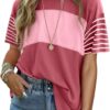 Dokotoo Short Sleeve Summer Tops Oversized 2025 Trendy Crew Neck Casual Color Block Womens Shirts Blouses