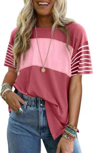 Dokotoo Short Sleeve Summer Tops Oversized 2025 Trendy Crew Neck Casual Color Block Womens Shirts Blouses