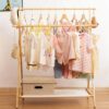 Kids Clothing Rack with 2 Hanging Rods and 4 Hooks, Kid Dress Up Holder with Bottom Storage Shelf, Child Garment Stand, Small and Foldable, Bamboo (Natural)