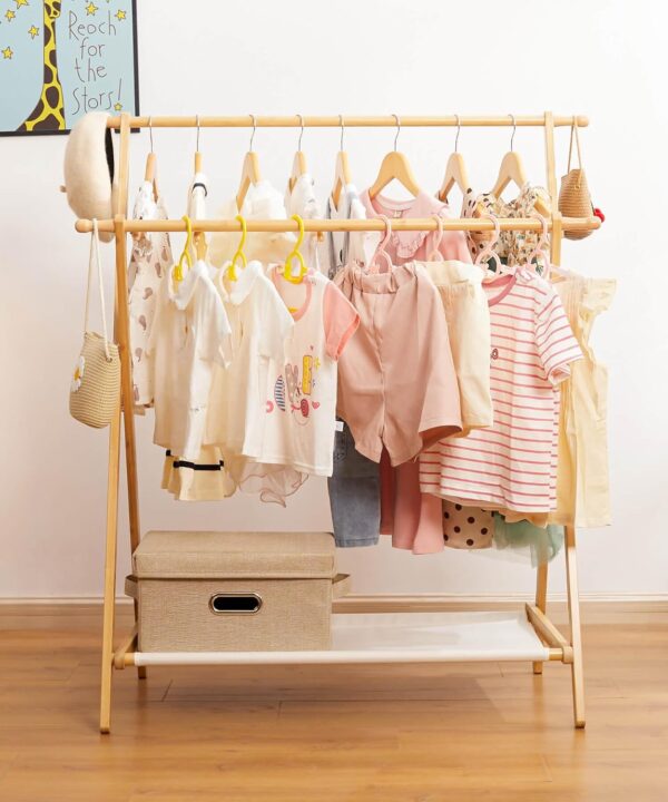 Kids Clothing Rack with 2 Hanging Rods and 4 Hooks, Kid Dress Up Holder with Bottom Storage Shelf, Child Garment Stand, Small and Foldable, Bamboo (Natural)