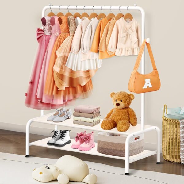 Kids Clothing Rack - Kids Dress Up Clothes Storage Racks - Baby Toddler Closet - Freestanding Coat Rack with 2 Fabric Shelves - Small Kids Costume Wardrobe - Garment Rack for Hanging Clothes Organizer