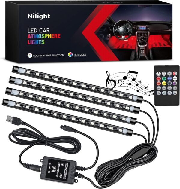 Nilight 48 LEDs DC 5V Multicolor Music Car Strip Light Under Dash Lighting Kit with Sound Active Function and Wireless Remote Control, 2 Years Warranty, 4PCS USB Interior Lights