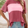 Dokotoo Short Sleeve Summer Tops Oversized 2025 Trendy Crew Neck Casual Color Block Womens Shirts Blouses