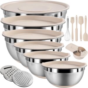 Mixing Bowls with Airtight Lids Set, 20 PCS Kitchen Gadgets Set, 6 Stainless Steel Bowls, 3 Grater Attachments, Non-Slip Silicone Bottoms, Great for Serving&Baking, Size 5, 4, 3.5, 2.1, 1.5, 1.1QT