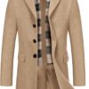 COOFANDY Men's Wool Blend Coat with Detachable Plaid Scarfs Notched Collar Single Breasted Pea Coat Trench Overcoat