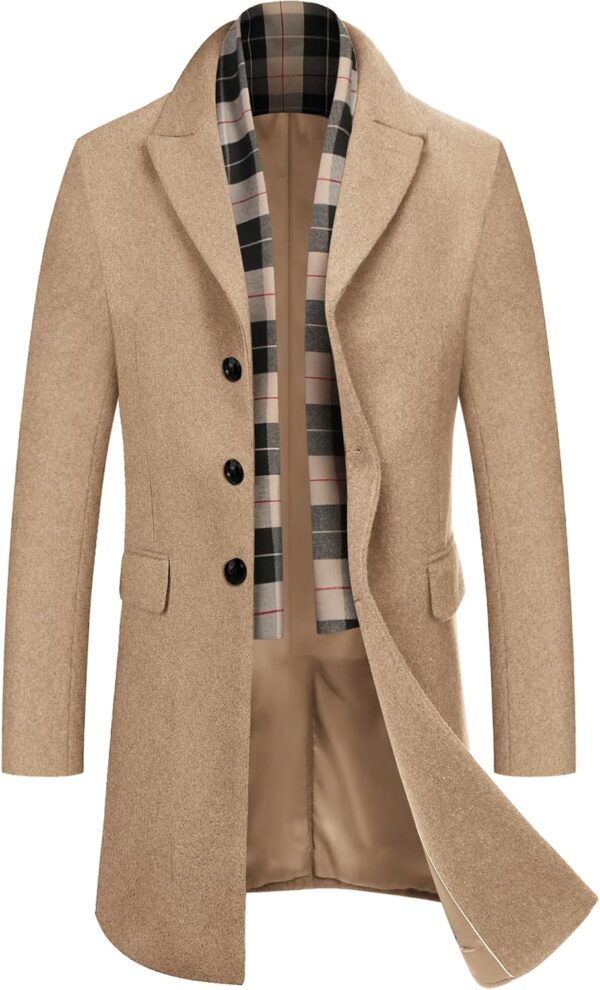 COOFANDY Men's Wool Blend Coat with Detachable Plaid Scarfs Notched Collar Single Breasted Pea Coat Trench Overcoat