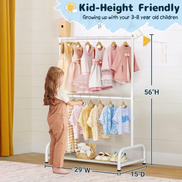 Double Rod Kids Clothing Rack for Hanging Clothes, Small Dress up Storage with Bottom Shelf, Metal Garment Rack for Shirts, Dance Costumes, and Baby Clothes (White)