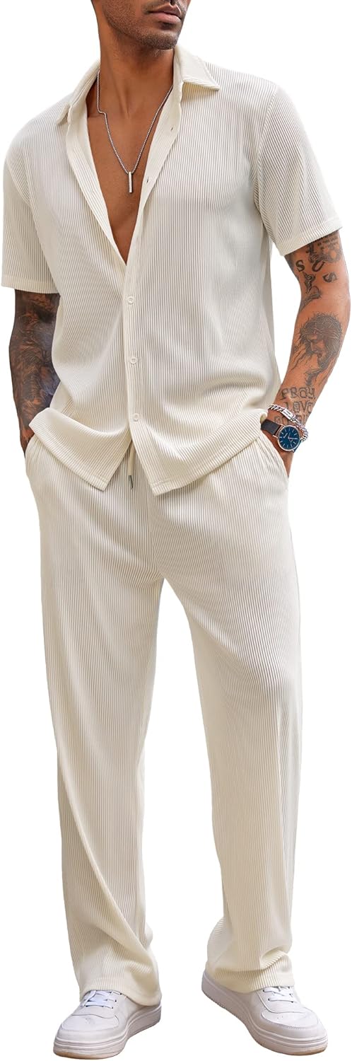 COOFANDY Men's 2 Piece Outfit Casual Short Sleeve Button Down Shirt Beach Summer Loose Pant Sets