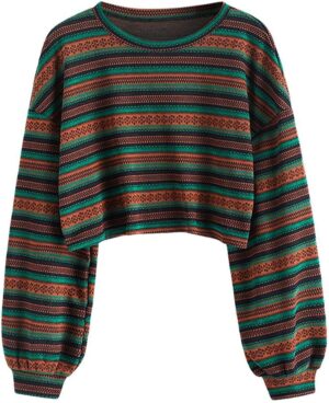 ZAFUL Women's Tribal Ethnic Graphic Cropped Knitwear Bohemian Long Sleeve Pullover Sweater Boho Drop Shoulder Knitted Top