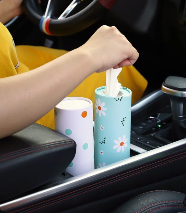 Car Tissue Holder with Facial Tissues Bulk - 4 PK Car Tissues Cylinder, Tissue Holder for Car, Travel Tissues for Car Cup Holder, Refill Car Tissue Box Round Container