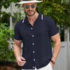 COOFANDY Men's Knit Button Down Shirt Vintage Short Sleeve Polo Shirts Casual Beach Tops