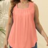 Saloogoe Summer Tank Tops for Women Loose Fit Pleated Square Neck Sleeveless Tops Curved Hem Flowy