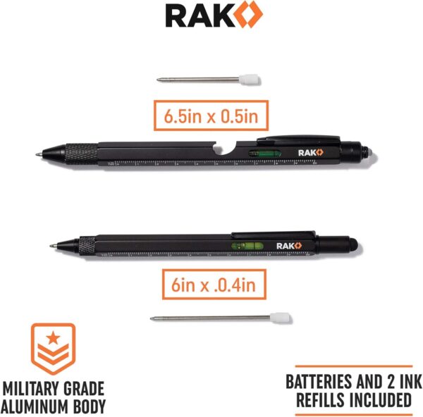 RAK Multitool Pen 2-Pack - Multi-Tool Pens with LED Light, Flathead & Phillips Screwdrivers, Level, Ruler, Bottle Opener, and Stylus. Gift-Ready Box with Ink Refills & Batteries. Great for EDC.