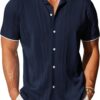 COOFANDY Men's Knit Button Down Shirt Vintage Short Sleeve Polo Shirts Casual Beach Tops