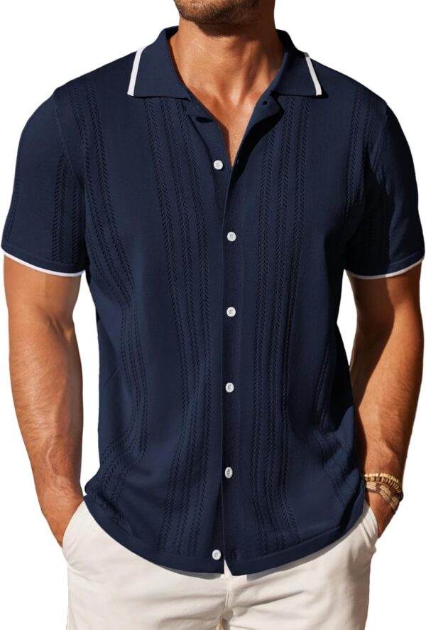 COOFANDY Men's Knit Button Down Shirt Vintage Short Sleeve Polo Shirts Casual Beach Tops