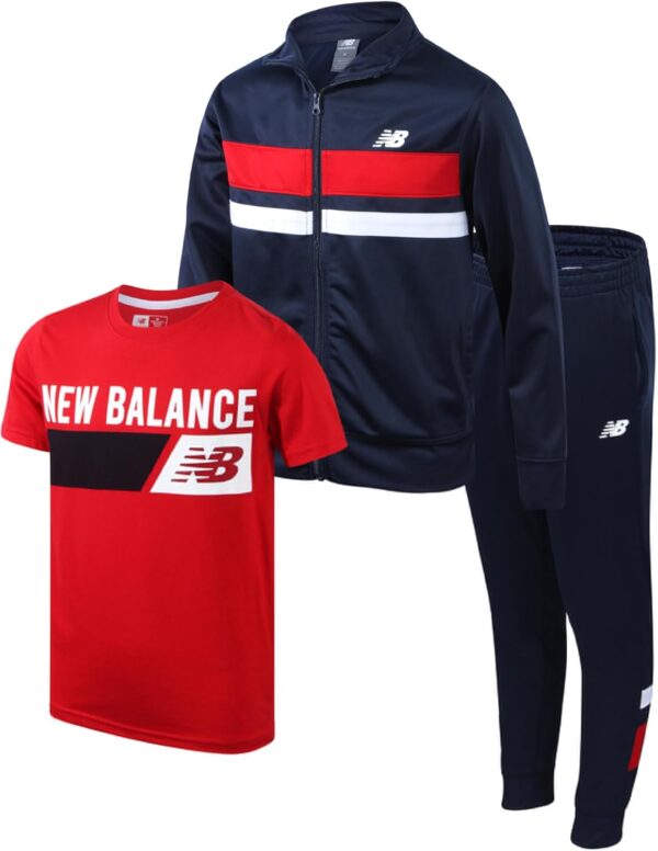 New Balance Boys' Sweatsuit Set - 3 Piece Zip Up Jacket, Graphic Tee, and Jogger Pants - Boys Activewear Tricot Jogset (4-12)