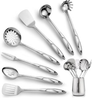 Zulay Kitchen Stainless Steel Cooking Utensil - Stainless Steel Kitchen Utensil - Durable Kitchen Gadgets - Metal Kitchen Accessories - Easy to Clean Kitchen Tools - 8 Piece Set