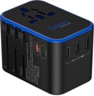 Ceptics World International Travel Plug Adapter - Powerful 33.5W with Pd & QC 3.0 Dual USB-C Power - 3 USB Ports Wall Charger Type I C G A Outlets 110V 220V A/C - EU Euro US UK (11-KU)