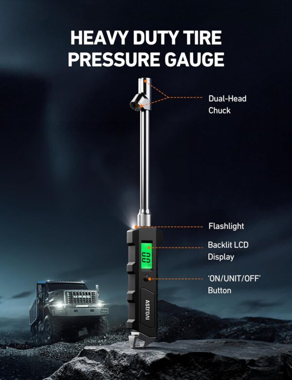 AstroAI Digital Tire Pressure Gauge 230 PSI Heavy Duty Dual Head Stainless Steel Made for Truck and RV with Backlit LCD and Flashlight Car Accessories (1)