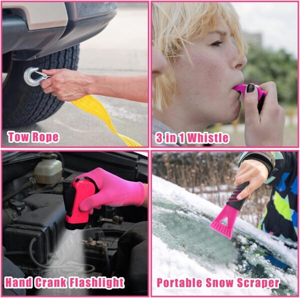 Car Emergency Kit, Pink Roadside Emergency Car Kit with Jumper Cables, Tow Rope, Safety Hammer, Pink Car Accessories for Women