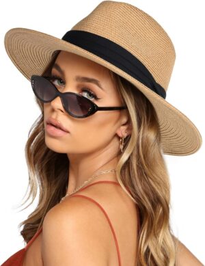 FURTALK Womens Mens Wide Brim Straw Panama Hat Fedora Summer Beach Sun Hat UPF Straw Hat for Women