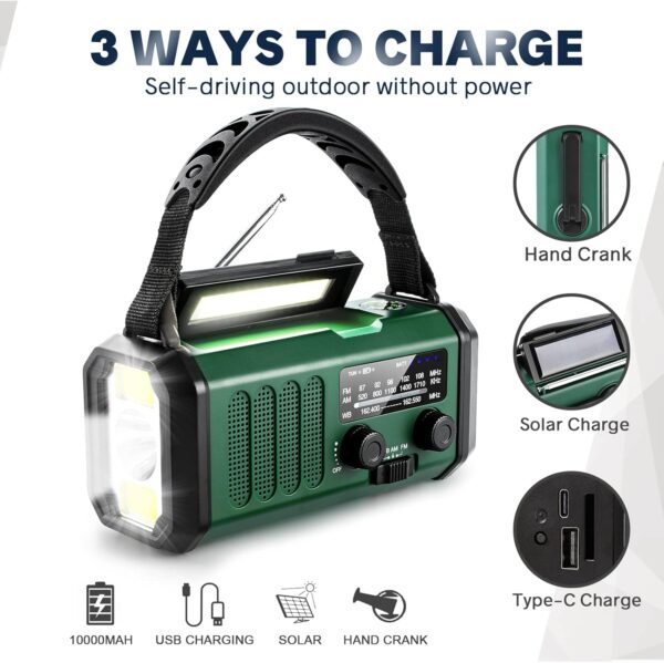 10000mAh Crank Radio, Emergency Radio, Solar Radio, NOAA/AM/FM Weather Radio, USB Type-C Charging, Dynamo Radio, Polymer Battery, Torch & LED Reading Light, SOS Alarm, Compass for Camping