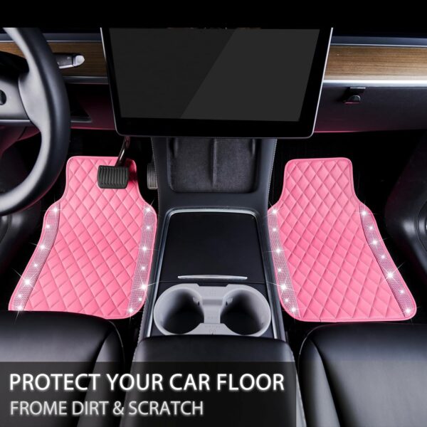 NBTEPEM Pink Bling Leather Car Floor Mats Full Set, Sparkly Diamond Car Mats Universal Fit Most Automotive, Glitter Rhinestone Carpet Waterproof Anti-Slip, 5 pcs Set (Pink Leather Diamond)