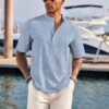 COOFANDY Men's Casual Henley Shirt Short Sleeve Band Collar Linen Shirt Summer Beach Hippie T-Shirts