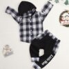 Toddler Baby Boys Clothes Plaid Panel Long-sleeve Hooded Shirt + Sweatpants Fall Winter Outfits Set