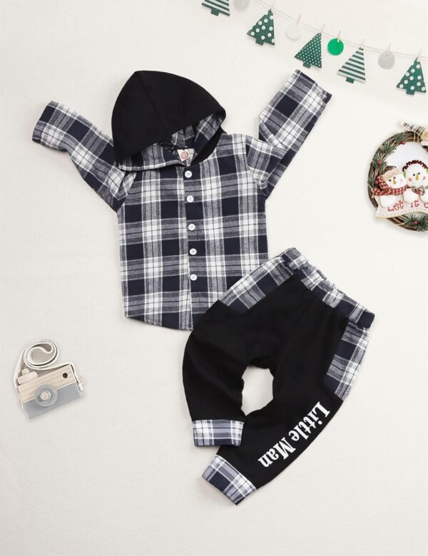 Toddler Baby Boys Clothes Plaid Panel Long-sleeve Hooded Shirt + Sweatpants Fall Winter Outfits Set