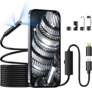 Endoscope Camera with Light, 1920P Borescope Camera with 8+1 Adjustable LED Lights, Semi-Rigid Cable 16.5FT, IP67 Waterproof for iPhone, iPad, Samsung,Cool Gadgets for Men