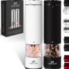 Electric Salt and Pepper Grinder Set - Battery Operated Stainless Steel Mills (1 Black Pepper Grinder + 1 White Salt Grinder) Automatic One Handed Operation Electronic Adjustable Ceramic Grinders