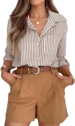 siliteelon Striped Button Down Shirts for Women Dress Shirts Long Sleeve Casual Collared Office Work Shirt with Pocket