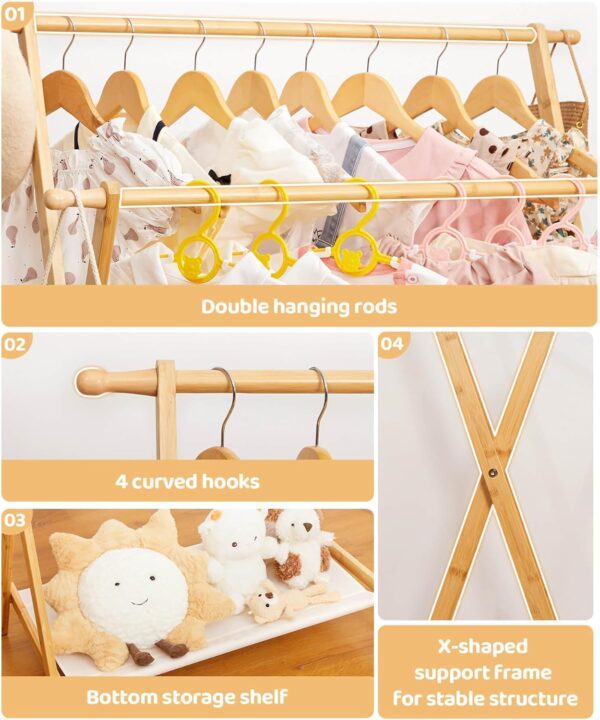 Kids Clothing Rack with 2 Hanging Rods and 4 Hooks, Kid Dress Up Holder with Bottom Storage Shelf, Child Garment Stand, Small and Foldable, Bamboo (Natural)