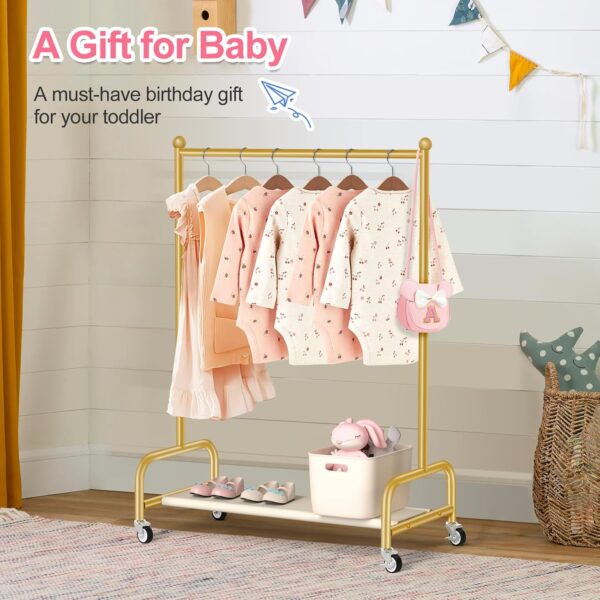 SLEEPING LAMB Kids Dress Up Rack with Wheels, Metal Small Kids Clothing Rack for Hanging Clothes with Bottom Shelf, Baby Dress Up Storage Wardrobe for Little Girls,Toddler, Gold