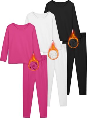 Resinta 3 Girls Thermal Underwear Set Soft Winter Thermal Top and Bottom with Fleece Lined Base Layer Long Johns for Kids