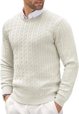 COOFANDY Men's Crewneck Knit Sweater Slim Fit Lightweight Casual Twist Patterned Cable Knitted Pullover