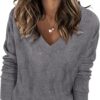 Arach&Cloz Women 2025 Fashion V Neck Long Sleeve Shirts Blouse Knit Casual Pullover Spring Sweater Top Cozy Clouds XS-3XL