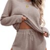 Ekouaer Womens Waffle Knit Pajama Sets Long Sleeve Top and Shorts Matching Lounge Set Loungewear Sweatsuit with Pockets