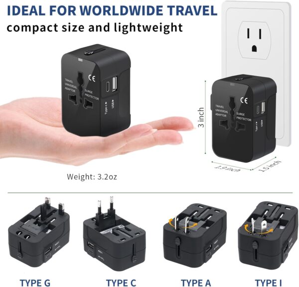 Travel Adapter with USB C, Universal All in One Worldwide Travel Adapter Power Converters Wall Charger AC Power Plug Adapter USB Type C Charging Ports for USA EU UK AUS Black