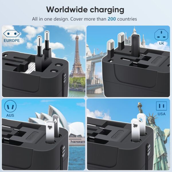 Travel Adapter, Worldwide All in One Universal Travel Adaptor AC Power Plug Adapter Wall Charger with USB-C and USB-A Charging Ports for USA EU UK AUS Black