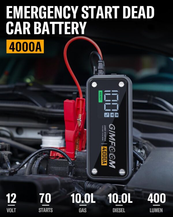 Jump Starter, 4000A Jump Starter Battery Pack with Wall Charger (10L Gas & 10L Diesel Engines), 12V Car Battery Jump Starter with 3.4 Inch Smart Display, Jump Box with LED Light (Black)