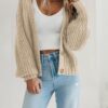 PRETTYGARDEN Women's Chunky Knit Open Front Sweater Long Sleeve Button Loose Short Cardigan Outerwear Coats